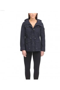 Navy Women's Cotton Four Pocket Hooded Field Jacket (Standard & Plus Sizes)